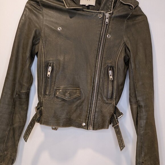 IRO Olive Green Lamb Leather Biker Moto Jacket - size Small - Picture 2 of 7